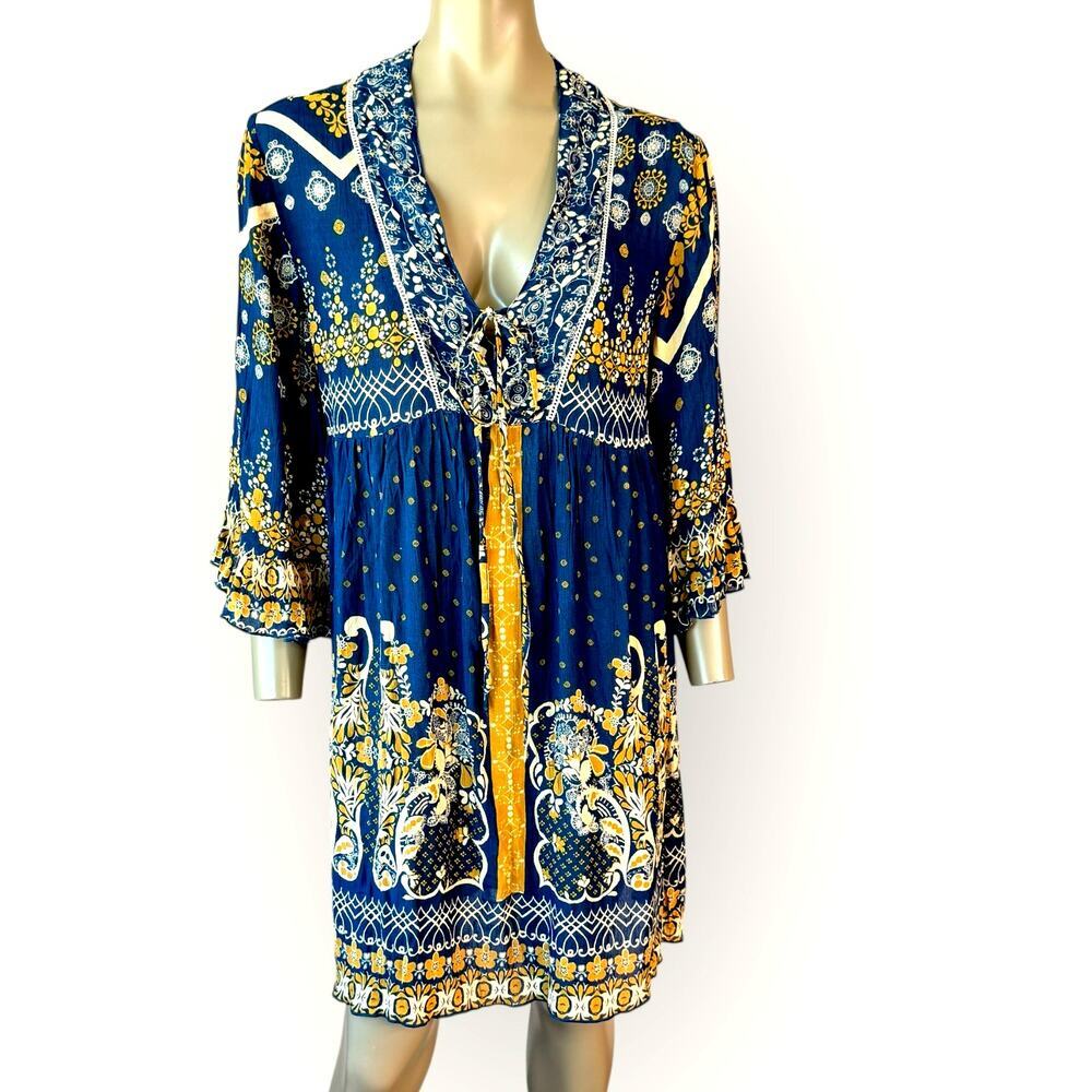 Millenium New Top Blouse Tunic Dress Womens L Bohemian Paisley Navy Gold Peasant